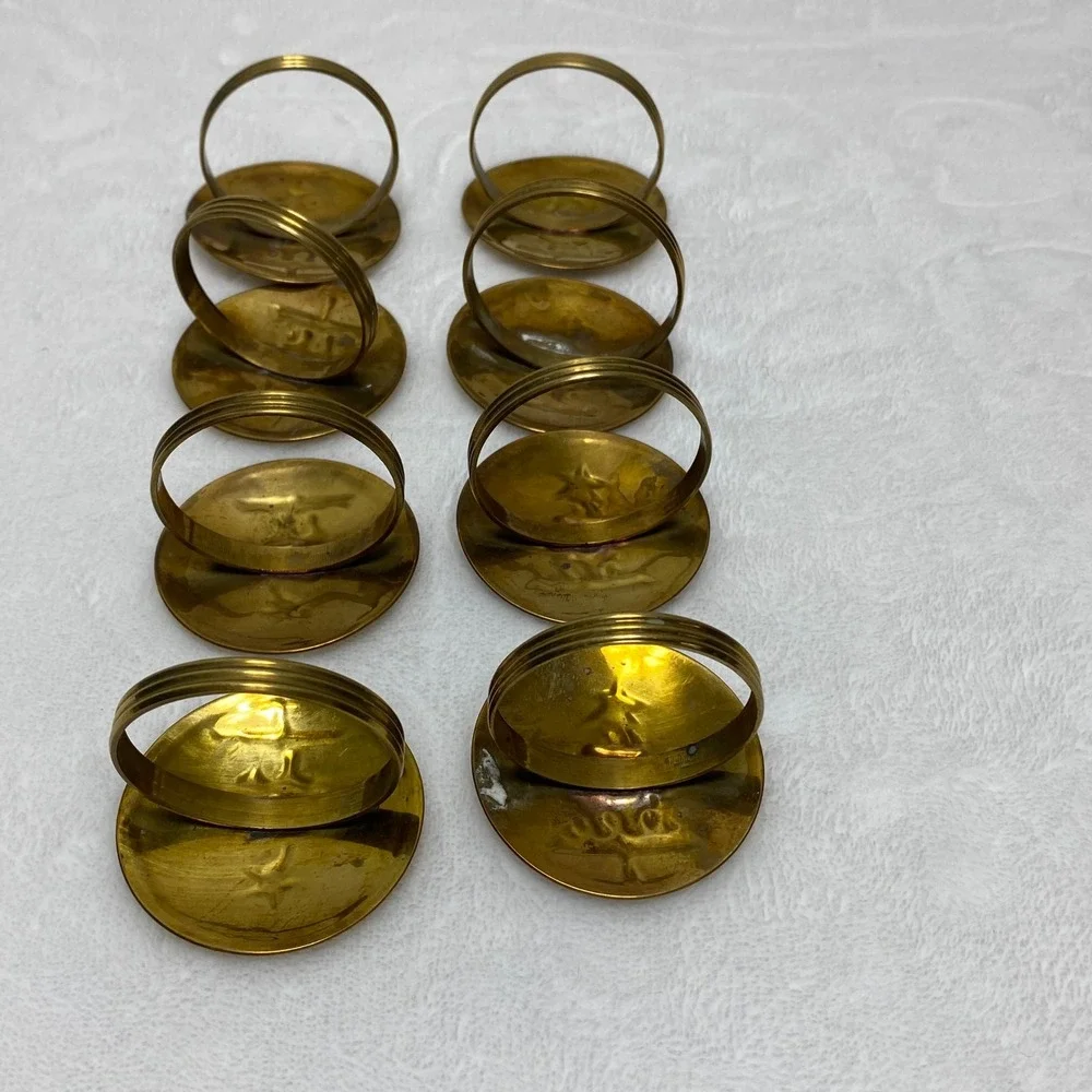 Set of 8 VTG Christmas Tree Napkin Rings Holders Brass Silver Tone Holiday Decor